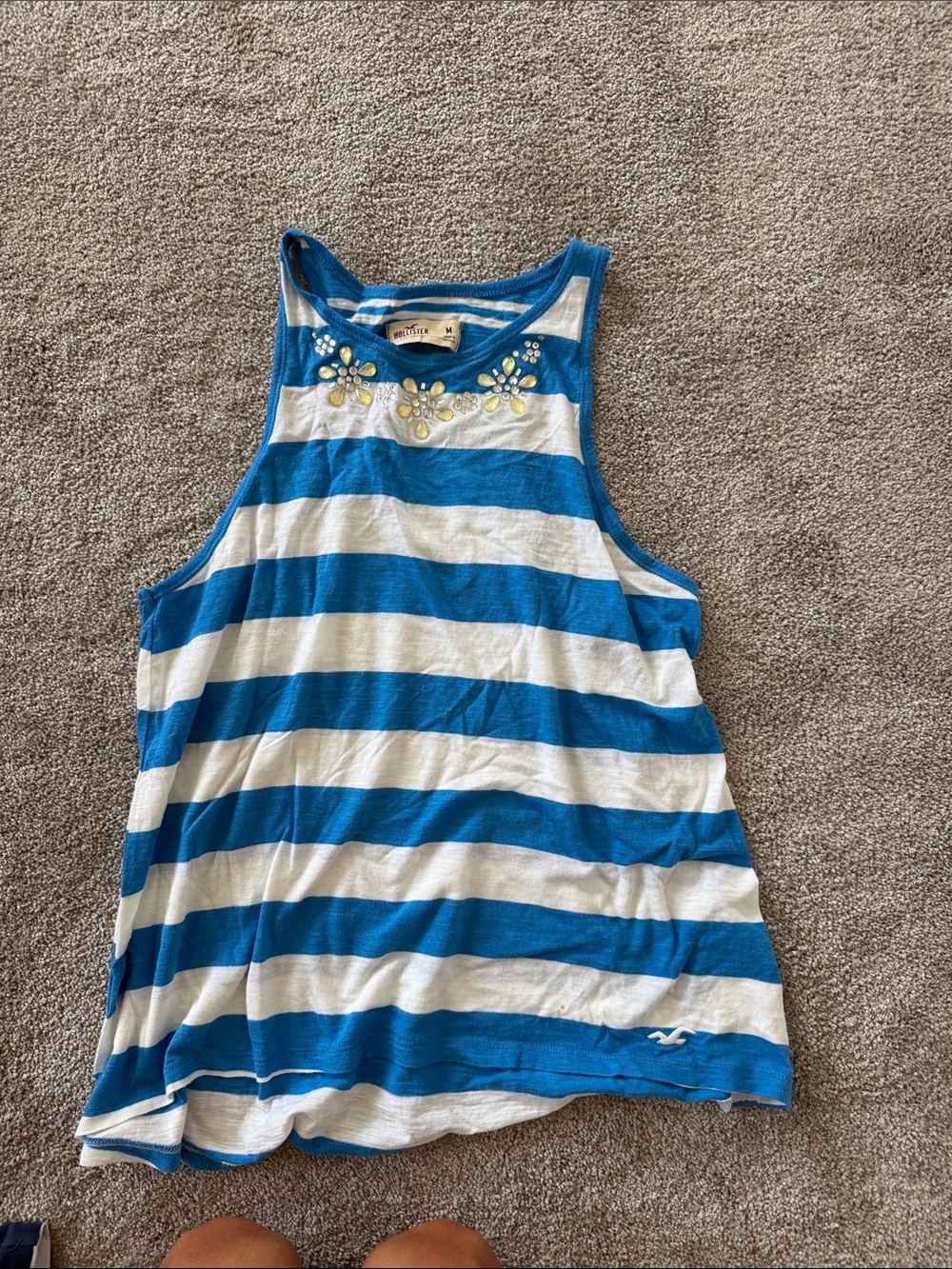 Hollister Blue and White Striped Tank with Embellished Neckline